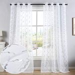 Kotile White and Silver Curtains for Bedroom - Metallic Silver Foil Geometric Lattice Pattern Print White Voile Net Curtains 54 Drop Eyelet Sheer Window Treatment Curtain Panels, W66 x D54 Inch, 2 PCs