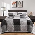 BALAPET Oversized King 128x120 Bedspread for California King Bed, Patchwork Plaid Grey Black Coverlet Set with 2 Matching Shams, Soft Lightweight Quilted Bedding Set for All Season