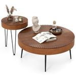 COSTWAY Farmhouse Round Coffee Table Set of 2, Rustic Sofa Side Tea Tables w/Wood Finish, Metal Frame, Adjustable Foot Pads, Nesting End Table Set for Living Room, Bedroom (Radial Pattern, Brown)