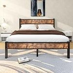 DUMEE Queen Bed Frame with Wood Headboard and Footboard, Metal Bed Frame Queen Size Under Bed Storage, No Box Spring Needed, Enhanced Support Noise Free (Black+Brown Oak)