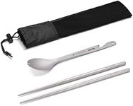 Navaris Titanium Chopsticks and Spork Set - Includes 9" (23cm) Long Metal Chopstick Pair and 7.9" (20cm) Long Double-Ended Spork/Bottle Opener