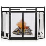 COSTWAY Folding Fireplace Screen with 4 Tools Set, 3-Panel Spark Fire Guard with Magnetic Hinged Doors, Wrought Iron Fire Place Panels for Wood and Coal Firing, Stoves, Grills