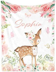 KAINSY Personalized Deer Baby Blanket for Girl, Custom Name Blanket for Newborn Girl, Soft Flannel Toddler Blanket Customized Gift for Birthday Christmas Baby Shower 60" X 80"