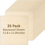 25 Pack 11.8 x 11.8 Inch Basswood Sheets, 1/8 Thin Craft Plywood Sheets, Thin & Unfinished Wood Boards for Crafts, Hobby, Model Making, Wood Burning (300x300x3MM)