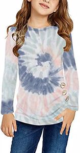 Ecokauer Little Girl's Tie Dye Tops Fall Long Sleeve Casual T Shirts Girls' Tops, Tees & Blouses for Children Tunic with Side Buttons Tie Dye Fashion Outfits Size 6-7 Multicolor Blue