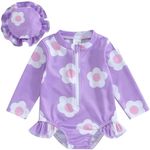 Baby Girl Rash Guard Swimwear One Piece Long Sleeve Floral Ruffle Zipper Bikini Swimsuit Bathing Suit Beachwear (B-Purple, 18-24 Months)