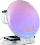 Dekala Sunrise Alarm Clock with Dual Wireless Charging for iPhone/Apple Watch/AirPods, White Noise Sleep Sounds Machine Sunset/Sunrise Simulation, Dual Alarm Table Lamp, Button/Touch Control