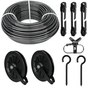 Outdoor Clothesline Kit, 150ft Black PVC Coated Galvanized Clothes Line Pulley Kit with 6.3" Clothesline Pulley, M8 Metal Hooks, 3Pcs Separator, Outdoor Clothes Line Heavy Duty