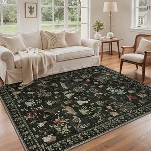 BESBLEE 10x14 Area Rug, Animal Print Machine Washable Floral Low Pile Carpet, Non-Slip Non-Shedding Pet Friendly Rug for Living Room Playroom Nursery Bedroom Entryway, Green