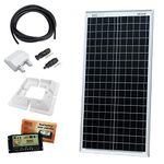 40W 12V Photonic Universe dual battery solar charging kit made of monocrystalline solar cells, with 10A charge controller, mounting brackets, waterproof cable entry gland, cables and connectors