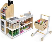 COSTWAY Pretend Play Shop, Kids Supermarket Playset with Shopping Cart, Scanner, Card Swipe Machine, Credit Card and 5 Coins, Wooden Role Play Grocery Store for Children Toddlers