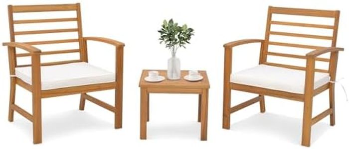 COSTWAY Conjunto Jardin Exterior 3 Piezas, Madera de Acacia, Conjunto Mesa y Sillas Jardin, con Cojines de Asiento, 1 Mesa de Centro y 2 Sillas, Mesa y Sillas Terraza Exterior Balcon