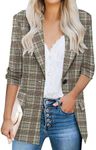 HOTOUCH Womens Blazers 3/4 Sleeve Stretchy Ruched Sleeve Plaid Print Business Work Blazer Open Front Jacket