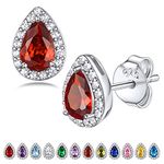 Bestyle 925 Sterling Silver Love Teardrop Cut Cubic Zirconia Halo Stud Earrings, Brilliant Created July Ruby CZ Birthstone Earrings for Women