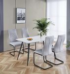 Hallowood Furniture Cullompton Small Dining Table and Chairs Set 4, White Marble Effect Kitchen Table (120x70cm) and High-back Grey Fabric Dining Chairs, Dining Room Set for Home, Cafe