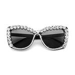 FEISEDY Cat Eye Women Sunglasses Vintage Square Crystal Rhinestone Sparkling Bejewelled Sunglasses Costume Party B9129, Black Frame/Grey Lens, 54MM