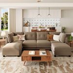 LLappuil Velvet Modular Sectional Sofa with Storage, 6 Seater U Shaped Couches for Living Room, Waterproof, Brown Grey
