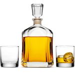 Whiskey Decanter Set with Whiskey Glasses and Airtight Stopper for Vodka, Bourbon, Brandy. Italian Glass | 23.75oz with 2 pack 11oz glasses, Made in Italy