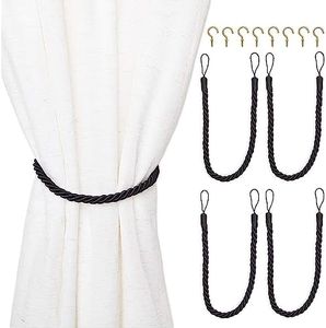 Juvale 4-Pack Black Cotton Window Curtain Tiebacks Tie Back with 8 Hooks, 26" Holdbacks Rope for Drapes