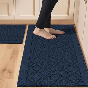 COSY HOMEER 48x20Inch/30X20Inch Kitchen Rugs Sets Non-Slip Washable Kitchen Mats for Floor Polypropylene Absorbent Kitchen Runner for Kitchen Sink Hallway Entryway,Navy Blue