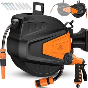 KESSER® automatische Schlauchtrommel 15 m + 2 m, Wand Schlauchbox mit Aufrollautomatik, Schlauchaufroller mit Gartenschlauch, 180° schwenkbar + Multi Handbrause mit 9 Modi, inkl. 2 Aufsätze, Orange