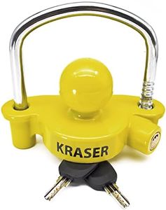 KRASER KR815 Trailer Coupler Lock, Anti-Picking Anti-Drilling Curved High Security Key, Heavy Duty Reinforced Steel, Bright Yellow More Deterrent, Adjustable Storage Security, Trailer Locks Ball Hitch