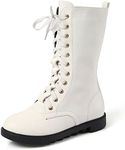 DADAWEN Kid's Girls Leather Lace-Up Zipper Mid Calf Combat Riding Winter Boots (Toddler/Little Kid/Big Kid) White US Size 12 M Little Kid