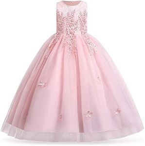 Flower Girl Lace Dress for Kids Wedding Bridesmaid Pageant Party Formal Long Gown Princess Communion Tulle Dresses 3-12, Pink - Flower, 6-7 Years
