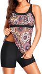 Yonique Two Piece Tankini Bathing Suits for Women Athletic Swimsuits Racerback Swim Tank Top with Boy Shorts Modest Swimwear, Mandala, X-Large