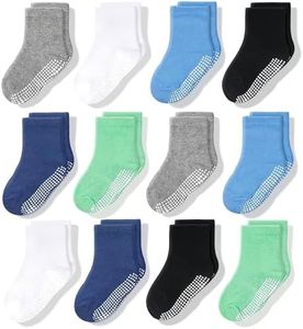 CozyWay Non-Slip Crew Grip Toddler Socks, 12 Pack for Boys, Black/White/Gray/Aqua Blue/Sky Blue/Lime Green, 1-3 Years Old