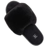 LongBay Women's Fuzzy Faux Fur Memroy Foam Flat Spa Slide Slippers Open Toe House Shoes Sandals (Large / 9-10, Black)