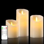 LTETTES Set of 3 Led Real Wax Candles | Battery Powered | Remote Controller | Flameless Moving Wick | Size: 3" Dia X 4",5",6" Height | Pillar Candles for Home Decor, Unscented
