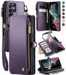 Defencase for Samsung Galaxy S22 Ultra Case, Galaxy S22 Ultra Wallet Case for Women Men, RFID Blocking Leather Magnetic Flip Strap Zipper Card Holder Phone Case for Samsung S22 Ultra, Fashion Purple