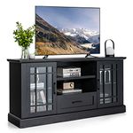 Tangkula Farmhouse TV Stand for TV up to 70 Inch, Tall Media Console Table w/2 Glass Doors, Entertainment Center w/Cubbies & Drawer, Storage Cabinet or Sideboard Buffet for Living Room (Black)