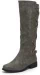 Syktkmx Womens Strappy Motorcycle Knee High Boots Winter Lace Up Riding Flat Low Heel Shoes, Light Grey, Size 10