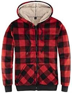 ThCreasa Womens Sherpa Fleece Lined Hoodie Jacket Plaid Flannel Zip up Hooded Sweatshirt Jackets, Red, Medium