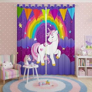 Girls Unicorn Curtain Girls Window Curtains Cute Rainbow Unicorn Print Curtain Kids Cartoon Kawaii Window Curtains Galaxy Stars Fantasy Girls Room Decor Children Unicorn Purple 76"x54",2 Panels