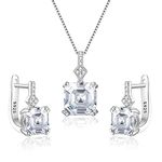 EleQueen 925 Sterling Silver Cubic Zirconia Clear Solitaire Square Pendant Necklace and Hoop Huggie Earrings Jewelry Set for Bride Bridesmaids, Valentine's Day/Mother's Day/Christmas Jewerly Gift for Wife/Mom