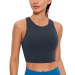 CRZ YOGA Women's Butterluxe Racer Back Padded Sports Bra - High Neck Longline Crop Top Gym Workout Tank Tops with Built in Bra True Navy 16