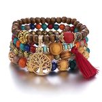 Branets Bohemian Wood Beaded Bracelets for Women Multilayer Stretch Tassel Bracelets Set Tree of Life Charm Love Statement Bangles for Girls