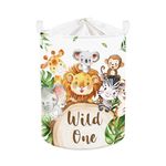 Clastyle 45L Large White Jungle Animals Elephant Kid Laundry Hamper with Handle Collapsible Lion Koala Giraffe Clothes Toy Storage Basket with Lid for Nursery