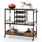 COSTWAY Kitchen Serving Trolley, 3-Tier Rolling Drinks Cart with 9-Bottle Wine Rack, Glass Holder, 2 Tray Box, Lockable Wheels, Hooks & Handle, Industrial Utility Home Bar Storage Cart (Rustic Brown)