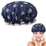 Double Layer Shower Cap for Women, Elastic Band Reusable Shower Cap for Hair, Waterproof Plastic Shower Cap with Ruffles Covering Ears, Suitable for Long, Short and Curly Hair (Blue Flower)