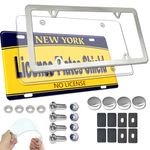 ZXFOOG License Plate Frame Cover Kit- Clear Flat Plate Cover & Stainless Steel Car Tag Holder, Unbreakable Novelty Protector Fit Standard US Plate, Mount Screws, Chrome Caps, 1 Pack for Front or Rear