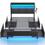 Rolanstar Bed Frame Twin Size with Charging Station and LED Lights, Upholstered Storage Headboard with Drawers, Heavy Duty Metal Slats, No Box Spring Needed, Noise Free, Easy Assembly, Dark Grey