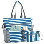 G4Free Large Beach Bag for Women Waterproof Sandproof Beach Tote Bag with Makeup Bag Zipper Pocket (Navy Stripe)