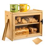 Bamboo Bread Box for Kitchen Countertop, 2-Layer Bread Storage Bin with Acrylic Door Panel, Large Capacity Bread Storage with Toaster Tong for Kitchen Food Storage, Self Assembly