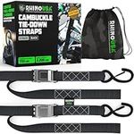 Rhino USA Motorcycle Tie Down Straps (2 Pack) Lab Tested 3,328lb Break Strength, Steel Cambuckle Tiedown Set with Integrated Soft Loops - Better Than a Ratchet Strap (Black 2-Pack)