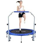 FirstE 48'' Foldable Mini Trampoline, Fitness Rebounder with 4 Level Adjustable Foam Handle, Exercise Trampoline for Adults Indoor/Garden Workout, Kids Recreational Trampoline, Max Load 440lbs, Blue