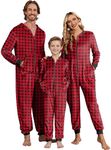 Ekouaer Christmas Onesie Matching Family Fleece Hooded One Piece Zipper Long Sleeve Pajamas with Pockets S-XXL Red Plaid 140